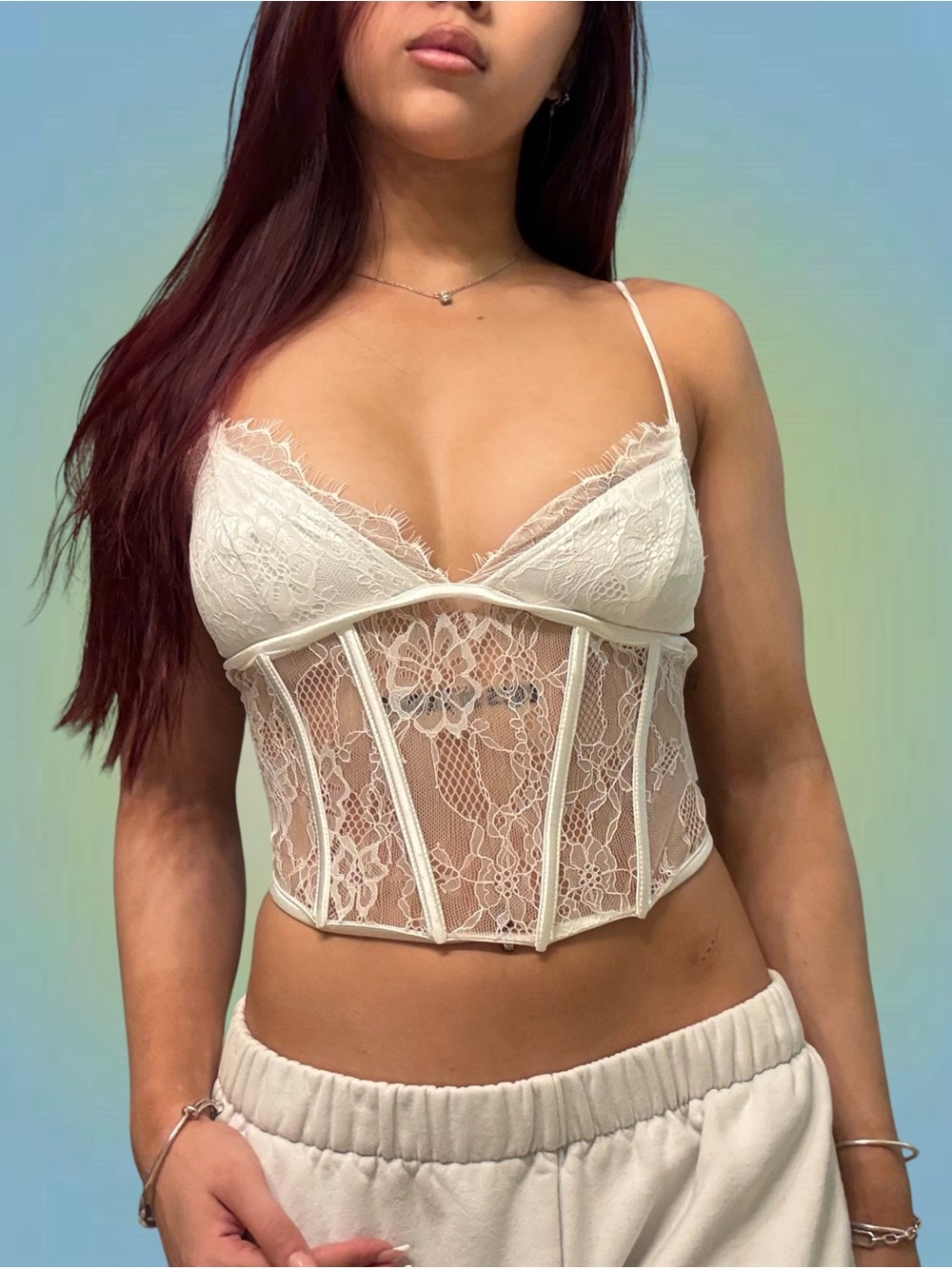 Ivory Lace Corset Camisole Top with Sheer Floral Panels